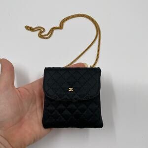 Chanel Micro Mini Flap Bag Quilted Vintage Black Satin RARE Necklace Collectors